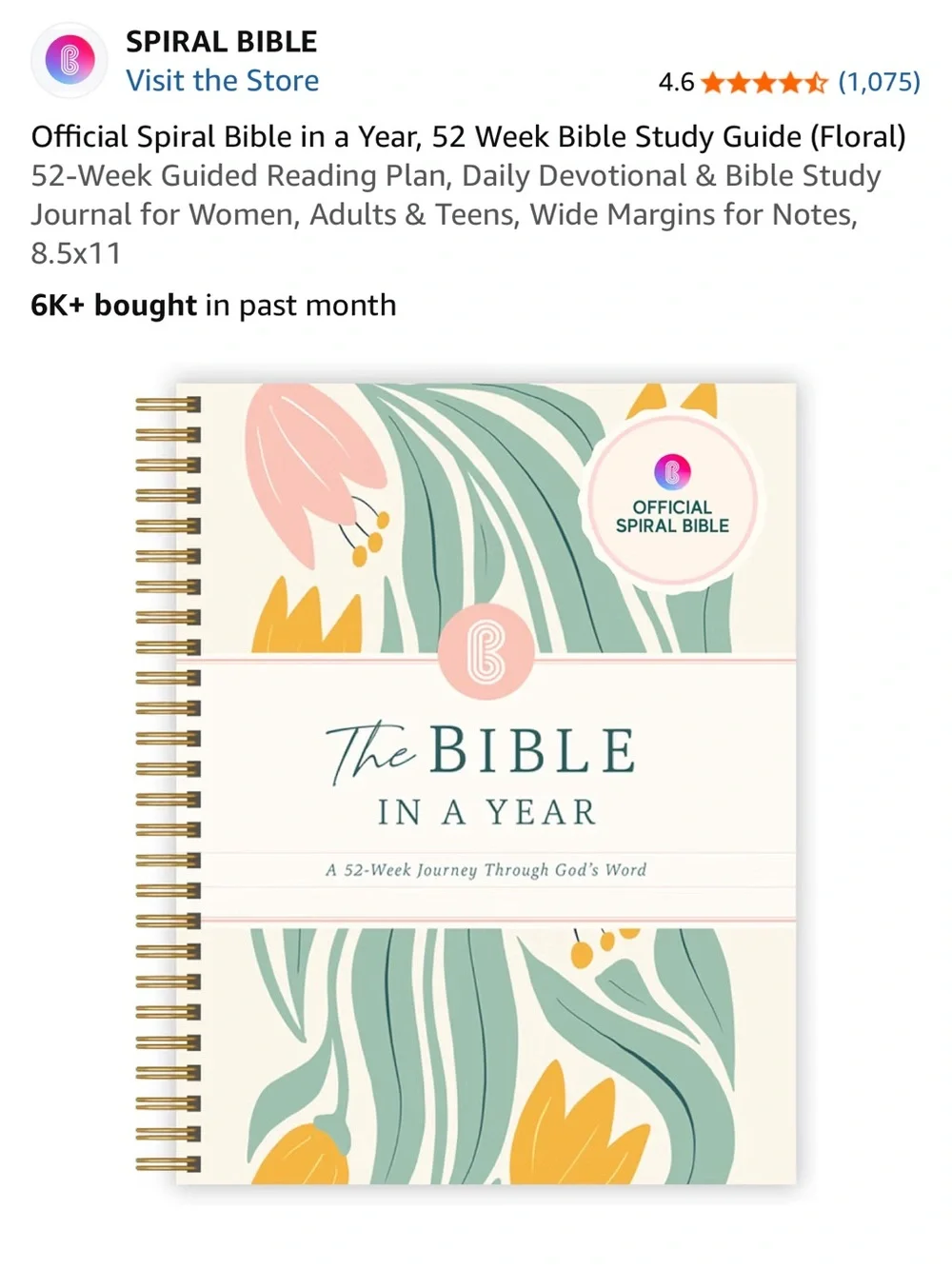 Spiral Bible The Bible in a Year - Floral Cover (Cream, Green, Pink, Yellow)